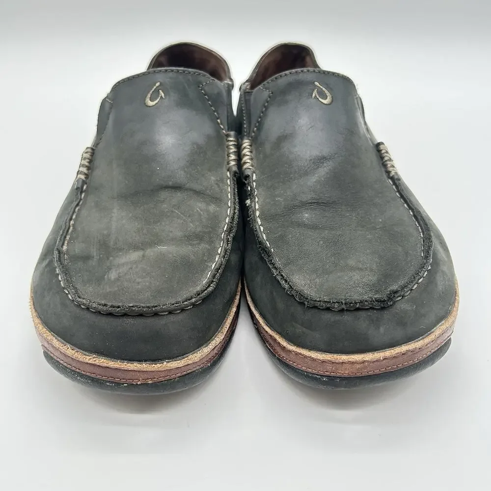 OluKai Moloa Mens 11 Black Leather Slip On Low Top Casual Comfort Loafers